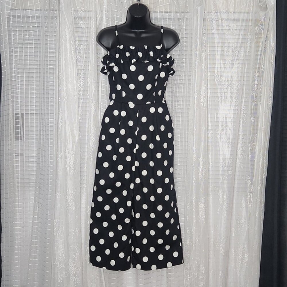 CeCe Black w/ White Polka Dots Wide Leg Spaghetti Strap Romper W/ Ruffle Sz2